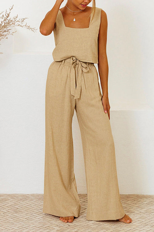 Priyavil Square Collar Crop Tank Top Tie Waist Wide Leg Pants Cotton Linen Set