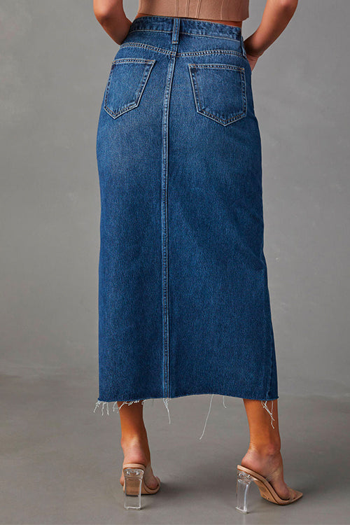 Priyavil High Rise Raw Hem Slit Front Denim Midi Skirt