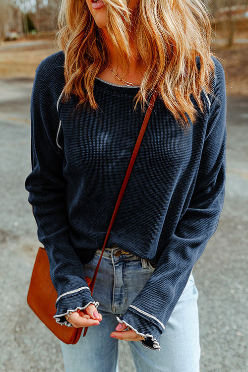 Priyavil Long Sleeves Splice Waffle Knit Pullovers