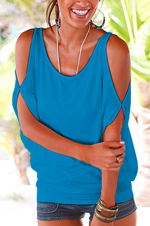 Priyavil Scoop Neck Cold Shoulder Batwing Sleeve Solid T-shirt