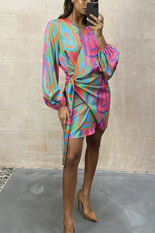 Priyavil Wrap V Neck Tie Waist Printed Dress