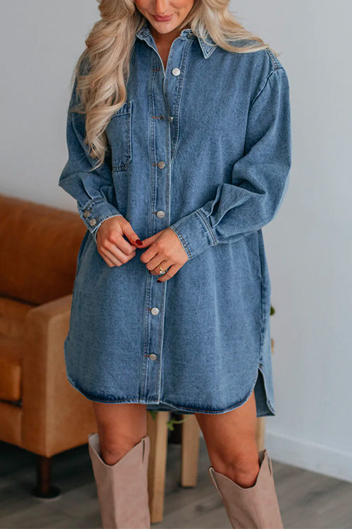 Priyavil Curve Hem Button Down Denim Shirt Dress