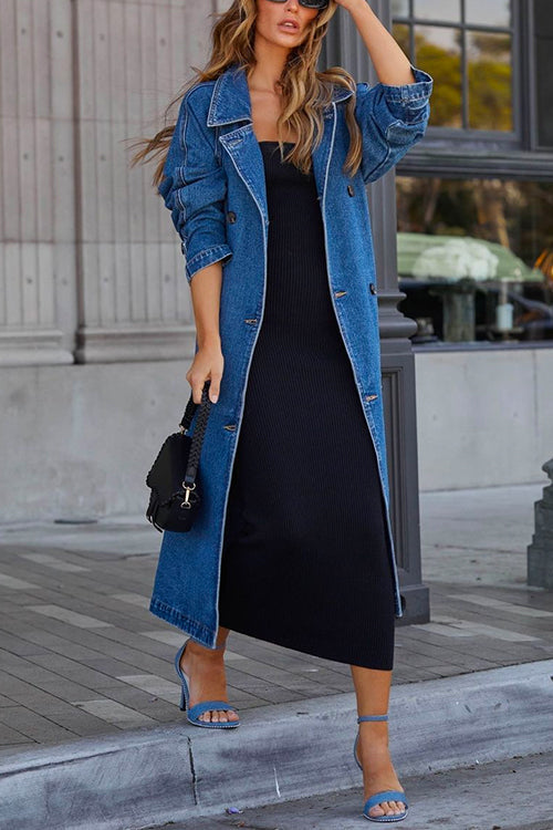 Priyavil Lapel Double Breasted Long Denim Trench Coat