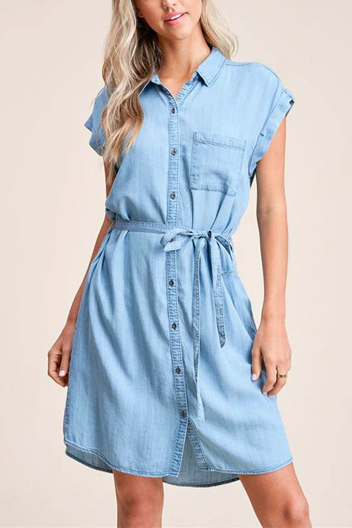 Priyavil Short Sleeves Tie Waist Button Down Denim Shirt Dress