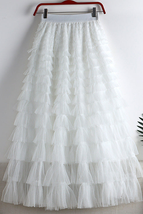Priyavil High Waist Ruffle Layered Mesh A-line Skirt