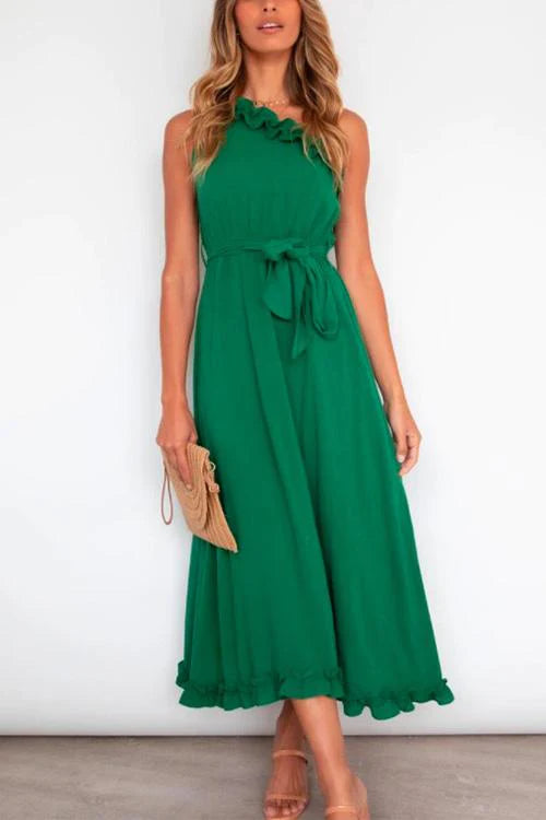 Priyavil One Shoulder Tie Waist Ruffle Maxi Dress