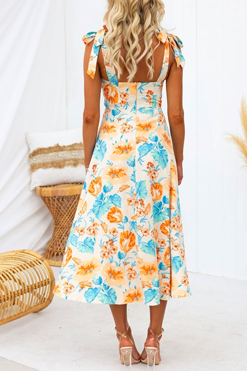 Priyavil Floral Tie Shoulder Flared Midi Cami Holiday Dress