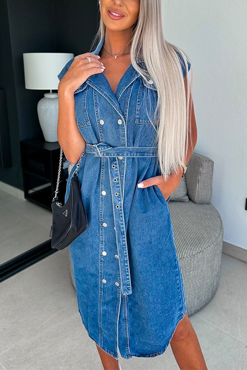 Priyavil Lapel Double Breasted Curve Hem Denim Midi Dress with Belt