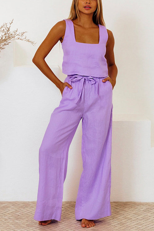 Priyavil Square Collar Crop Tank Top Tie Waist Wide Leg Pants Cotton Linen Set