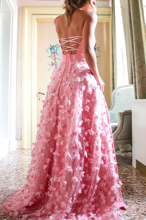 Priyavil Off Shoulder High Slit Butterfly Appliques Flare Maxi Party Dress