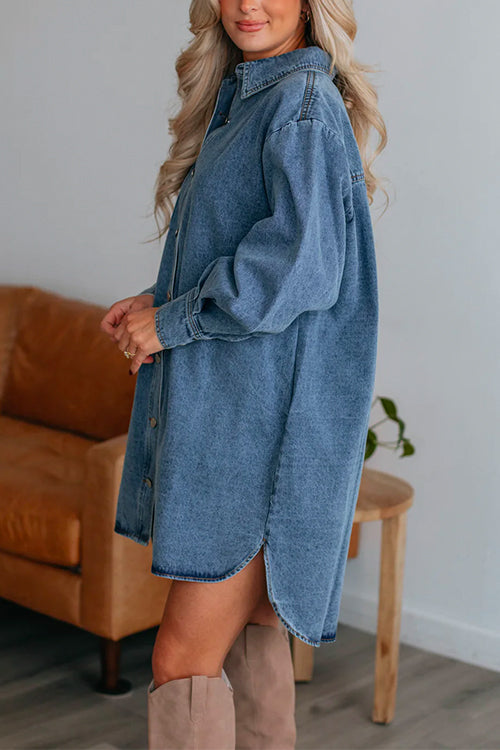 Priyavil Curve Hem Button Down Denim Shirt Dress