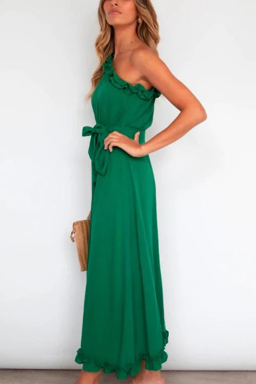 Priyavil One Shoulder Tie Waist Ruffle Maxi Dress