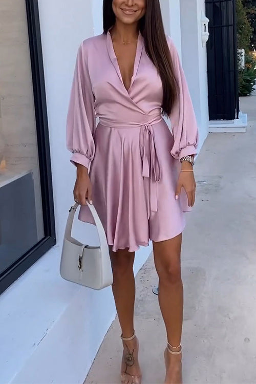 Priyavil V Neck Long Sleeves Tie Waist Satin Wrap Dress