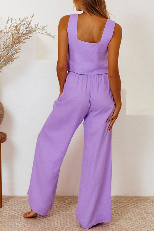Priyavil Square Collar Crop Tank Top Tie Waist Wide Leg Pants Cotton Linen Set