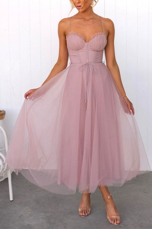 Priyavil Backless Tie Waist Mesh Swing Maxi Cami Dress