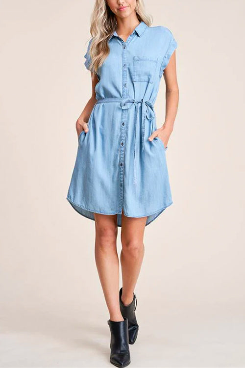 Priyavil Short Sleeves Tie Waist Button Down Denim Shirt Dress