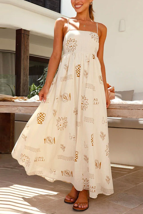 Priyavil Cut Out Waist Graffiti Print Swing Maxi Cami Vacation Dress