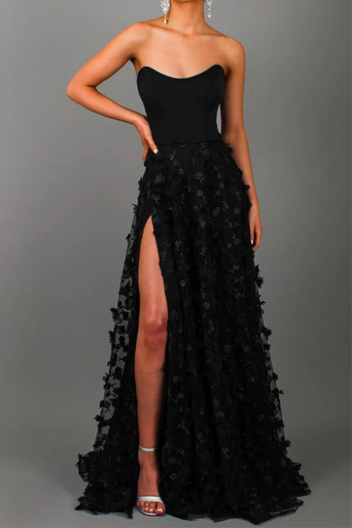 Priyavil Off Shoulder High Slit Butterfly Appliques Flare Maxi Party Dress