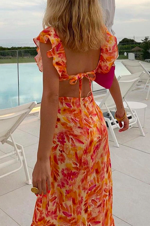 Priyavil V Neck Cut Out Tie Back Printed Ruffle Maxi Dress