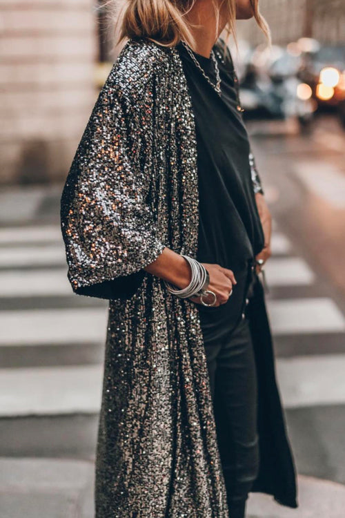 Priyavil 3/4 Sleeves Open Front Sequin Shinny Midi Cardigan