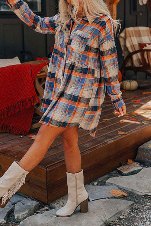 Priyavil Lapel Pocketed Button Down Plaid Shirt Dress