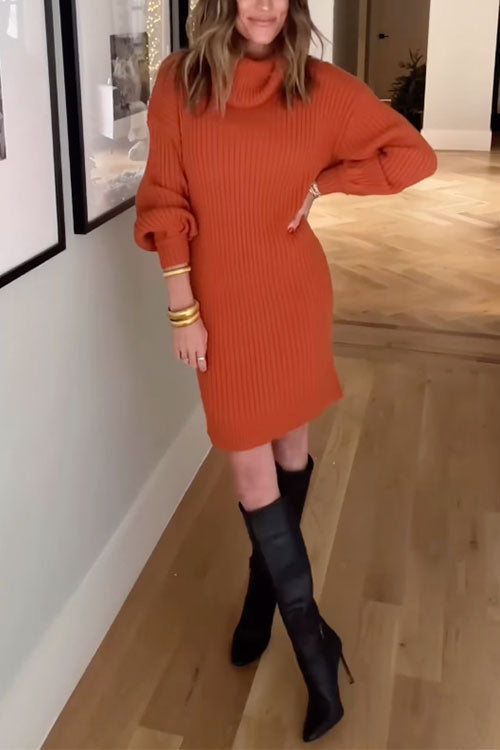 Priyavil Turtleneck Balloon Sleeves Ribbed Knit Sweater Dress