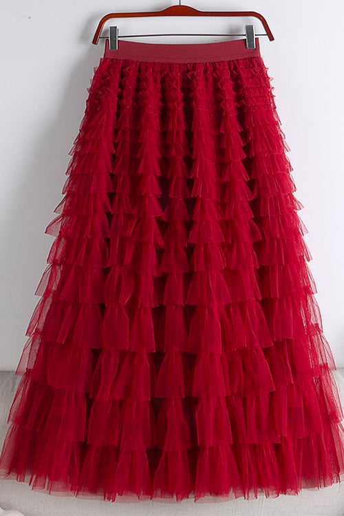 Priyavil High Waist Ruffle Layered Mesh A-line Skirt