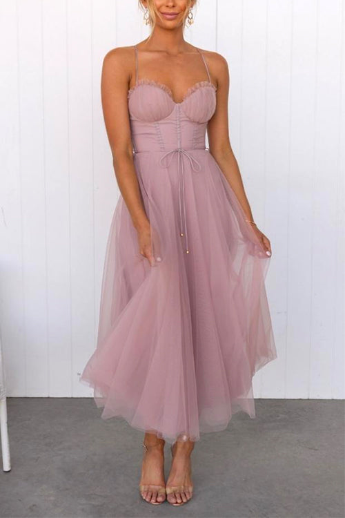 Priyavil Backless Tie Waist Mesh Swing Maxi Cami Dress