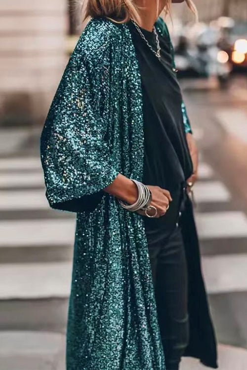 Priyavil 3/4 Sleeves Open Front Sequin Shinny Midi Cardigan