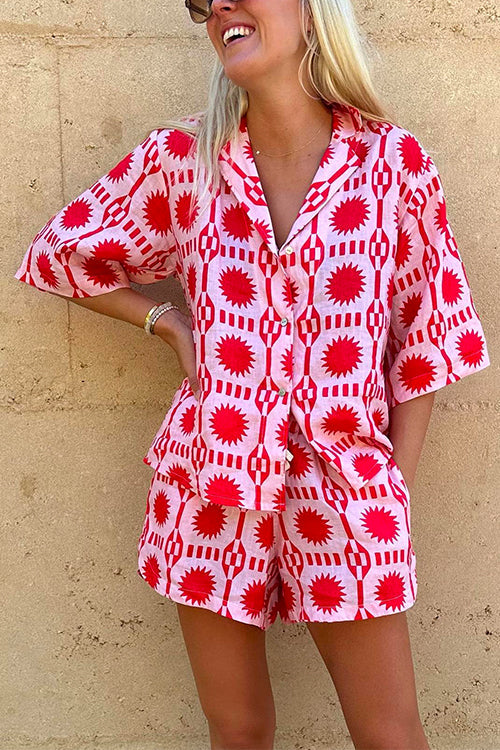 Priyavil Short Sleeves Button Up Shirt Drawstring Waist Shorts Tropic Printed Set