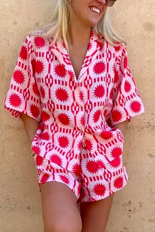 Priyavil Short Sleeves Button Up Shirt Drawstring Waist Shorts Tropic Printed Set