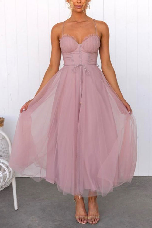 Priyavil Backless Tie Waist Mesh Swing Maxi Cami Dress