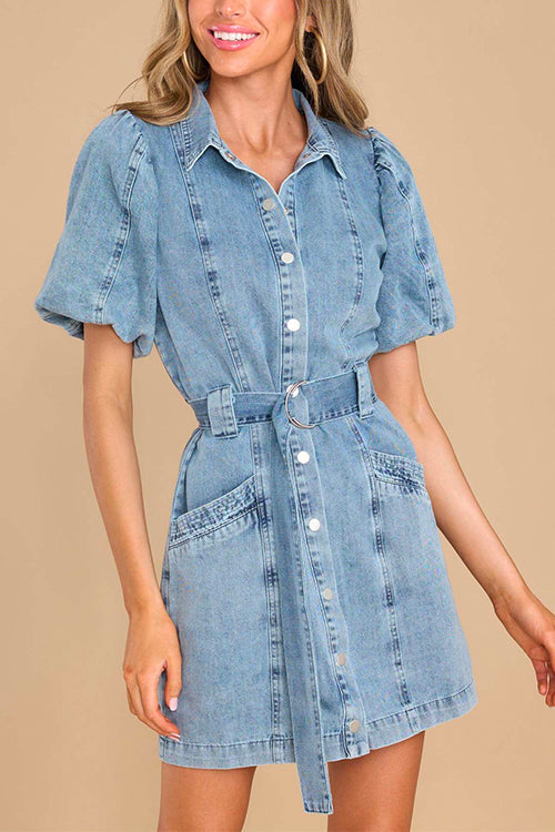 Priyavil Lantern Sleeves Belted A-line Denim Shirt Dress