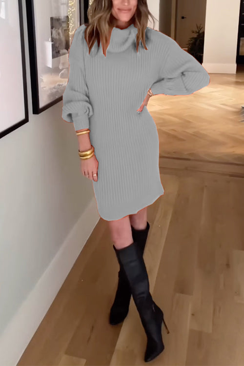 Priyavil Turtleneck Balloon Sleeves Ribbed Knit Sweater Dress