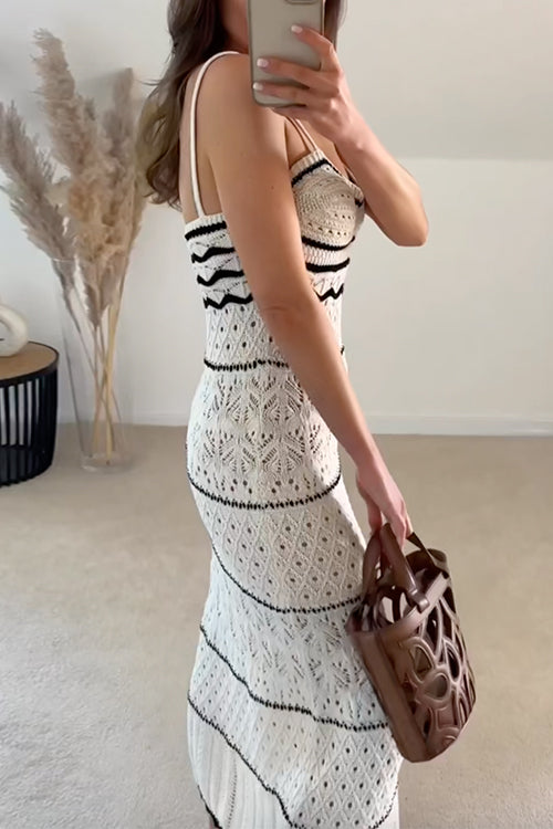 Priyavil V Neck Crochet Hollow Out Color Block Knitting Maxi Cami Dress