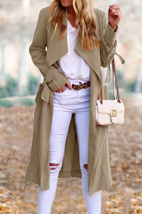 Priyavil Drap Front Tie Waist Solid Fall Midi Cardigan