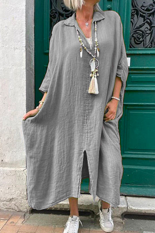 Priyavil Lapel V Neck Slit Front Oversized Midi Dress