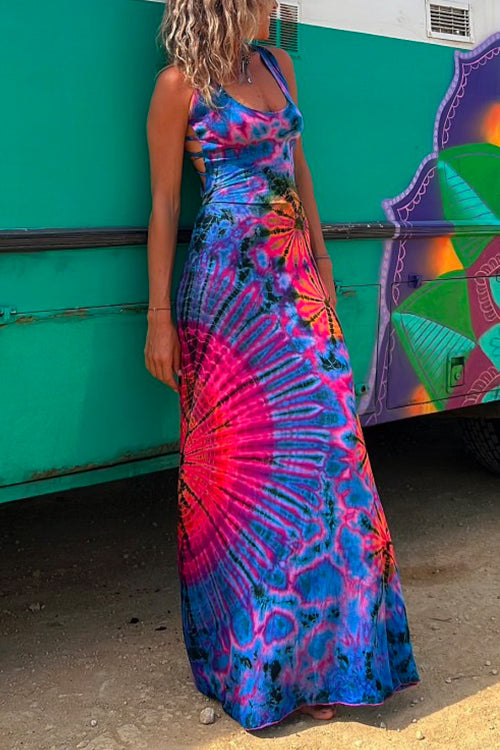 Priyavil Criss Cross Backless Tie Dye Maxi Cami Dress