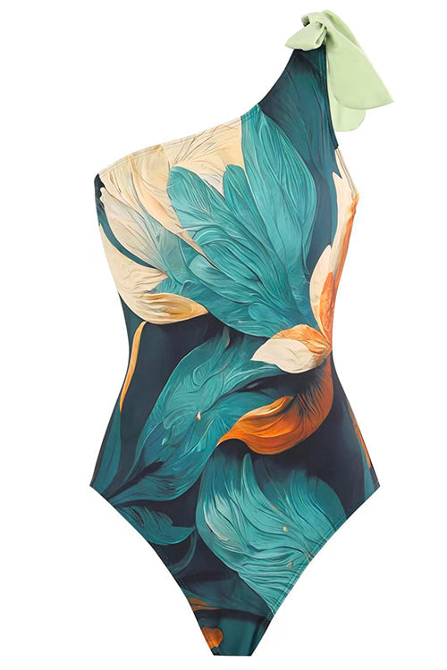 Priyavil Bow One Shoulder One-piece Swimsuit Ruffle Cover Up Skirt Printed Set