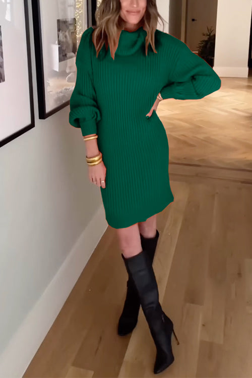 Priyavil Turtleneck Balloon Sleeves Ribbed Knit Sweater Dress