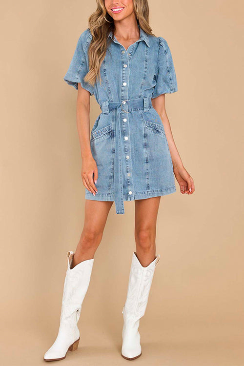 Priyavil Lantern Sleeves Belted A-line Denim Shirt Dress