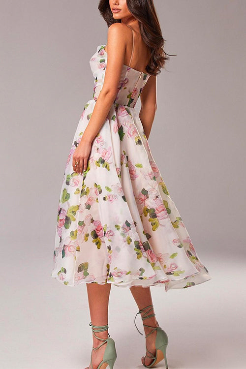 Priyavil Adjustable Strap Waisted Floral Swing Midi Holiday Dress