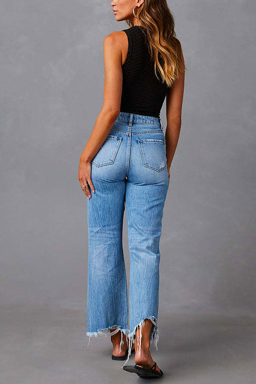 Priyavil Raw Hem Ripped Flare Bottoms Denim Pants