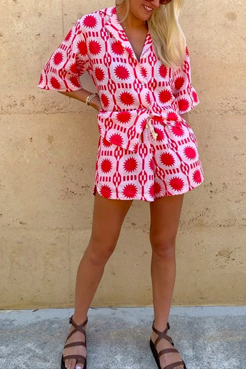Priyavil Short Sleeves Button Up Shirt Drawstring Waist Shorts Tropic Printed Set