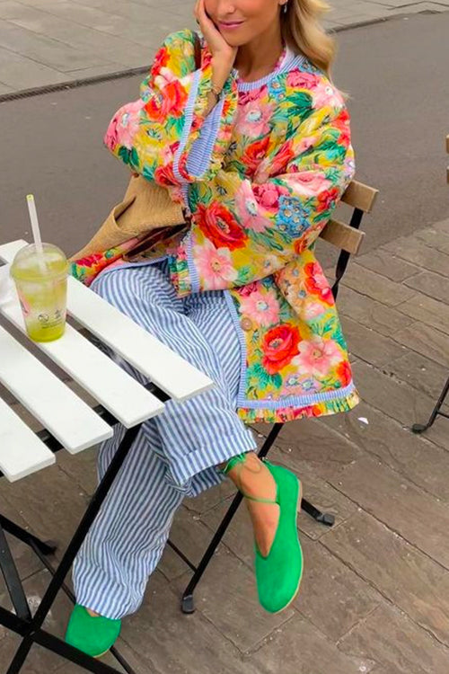 Priyavil Button Down Bell Sleeves Splice Floral Coat