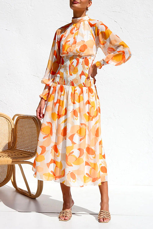 Priyavil Mockneck Smocked Waist Printed Midi Swing Dress