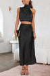 Priyavil Turtleneck Sleeveless Crop Top High Waist Maxi Skirt Satin Set