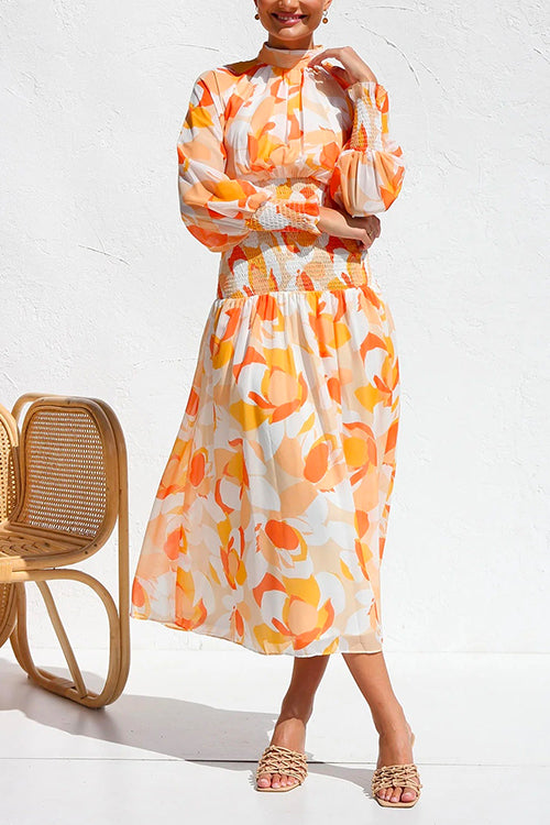 Priyavil Mockneck Smocked Waist Printed Midi Swing Dress