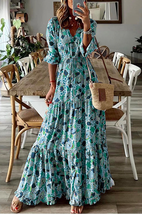 Priyavil V Neck Drawstring Waist Ruffle Tiered Printed Maxi Holiday Dress