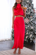 Priyavil Turtleneck Sleeveless Crop Top High Waist Maxi Skirt Satin Set